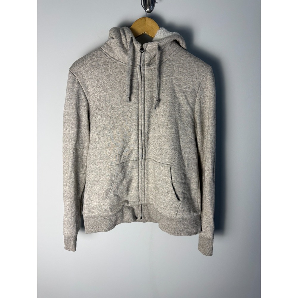 UniQlo Full Zip Hoodie Men's M Beige Drawstring Comfortable Fleece Lined‎
